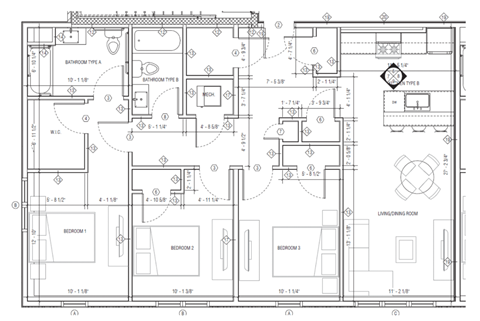 Floor plan for 3 beds, 2 baths